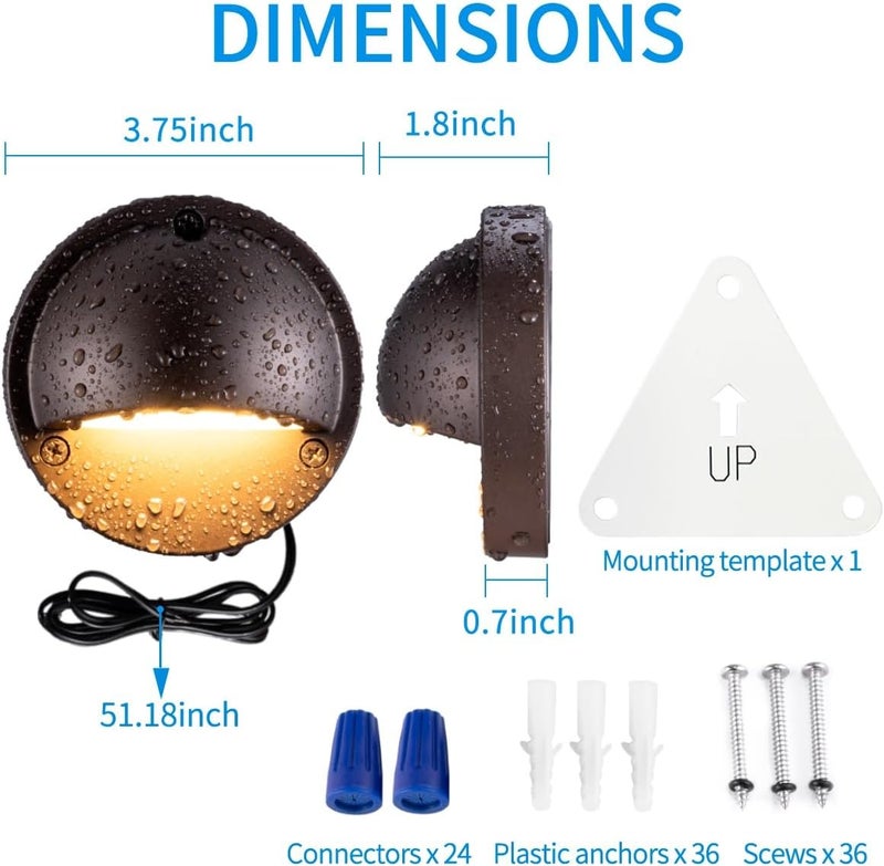 BTNHPLite LED Low Voltage Deck Lights 3.74 Inch Landscape Lighting Fence Lights 2700K 180LM 12-24V AC/DC Aluminum Oil Rubbed Bronze Outdoor Step Light 2.5W IP65 with Wire Nuts 4FT Corded, 12 Pack - Image 2